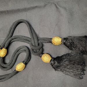 Black Double Cord Tie Belt With Gold Bead And Tassel Accents